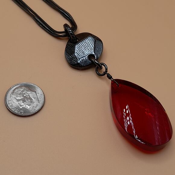 Chico's Red Glass Pendant Necklace, Snake Chains, Gunmetal Gray, 20" - Picture 7 of 11